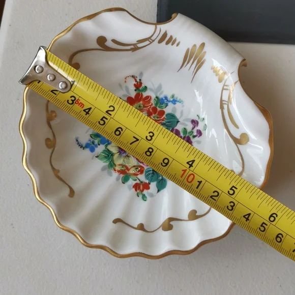 Porcelain De Freance Hand Painted Gold Trim Floral Shell Shape Dish Trinket Dish - Picture 6 of 7